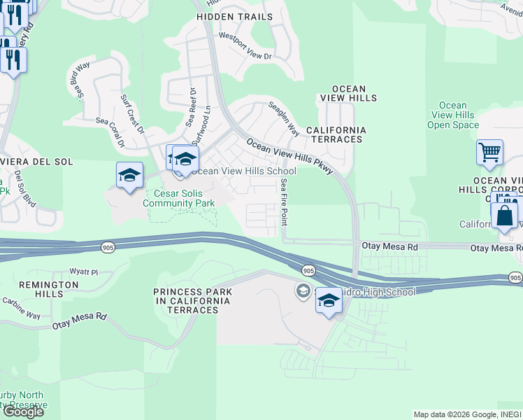 map of restaurants, bars, coffee shops, grocery stores, and more near 5204 Surfwalk Way in San Diego