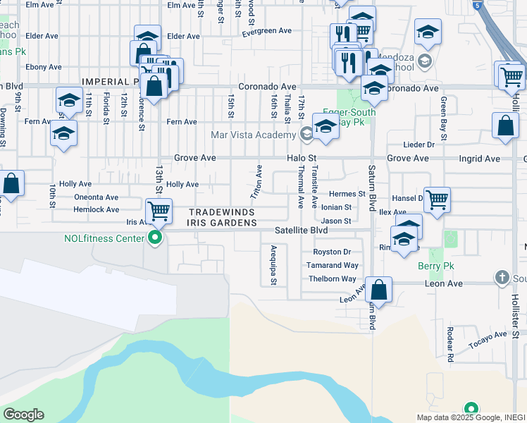 map of restaurants, bars, coffee shops, grocery stores, and more near 1597 Jason Street in San Diego