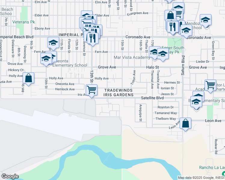 map of restaurants, bars, coffee shops, grocery stores, and more near 1479 14th Street in Imperial Beach