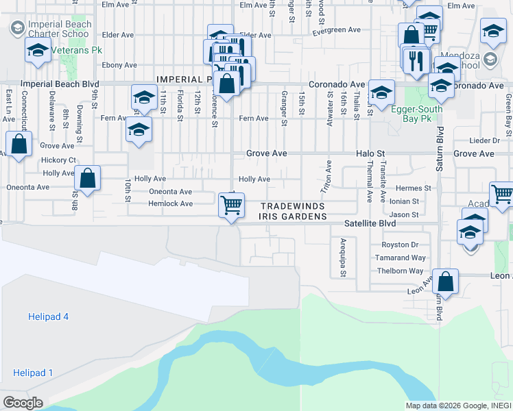 map of restaurants, bars, coffee shops, grocery stores, and more near 1479 14th Street in Imperial Beach