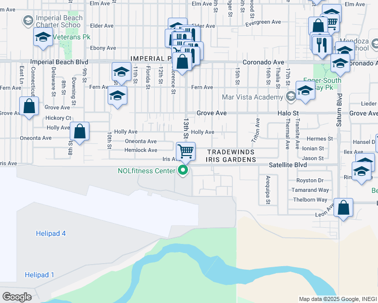map of restaurants, bars, coffee shops, grocery stores, and more near 1324 Iris Avenue in Imperial Beach