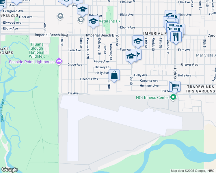 map of restaurants, bars, coffee shops, grocery stores, and more near 831 Iris Avenue in Imperial Beach