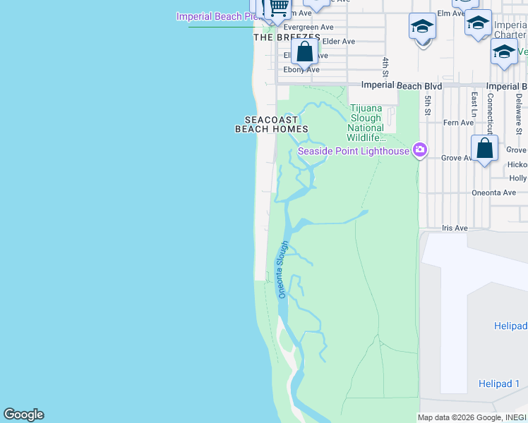 map of restaurants, bars, coffee shops, grocery stores, and more near 1482 Seacoast Drive in Imperial Beach