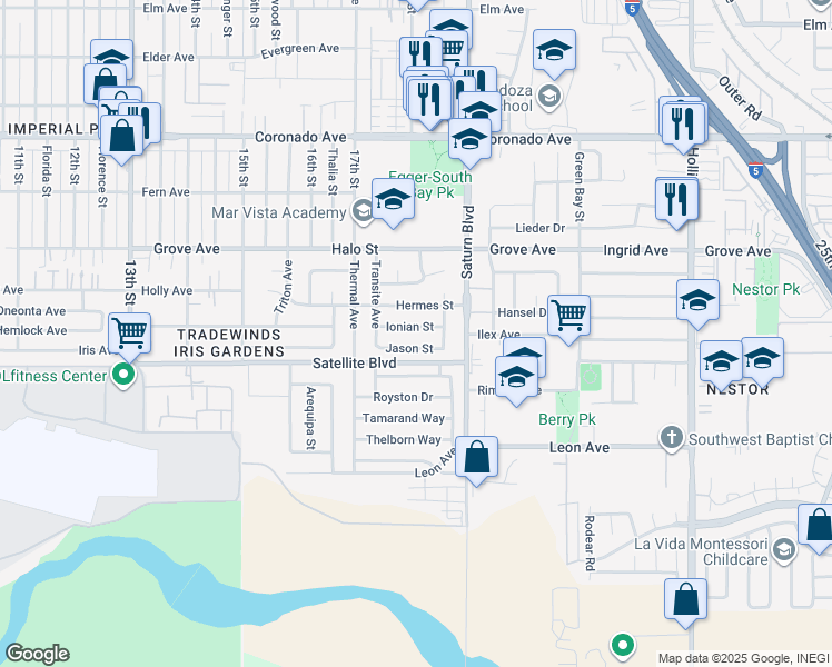 map of restaurants, bars, coffee shops, grocery stores, and more near 1821 Jason Street in San Diego
