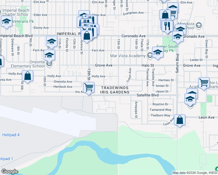 map of restaurants, bars, coffee shops, grocery stores, and more near 1413 Hemlock Avenue in Imperial Beach