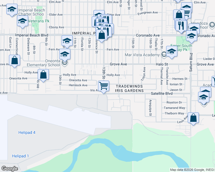 map of restaurants, bars, coffee shops, grocery stores, and more near 1324 Iris Avenue in Imperial Beach