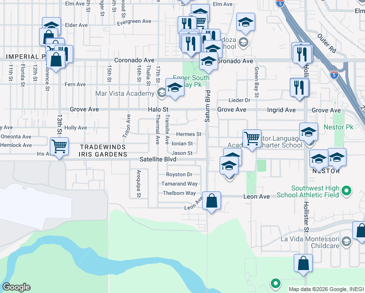 map of restaurants, bars, coffee shops, grocery stores, and more near 1805 Ionian Street in San Diego