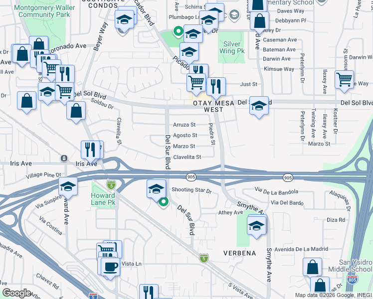 map of restaurants, bars, coffee shops, grocery stores, and more near 3685 Marzo Street in San Diego