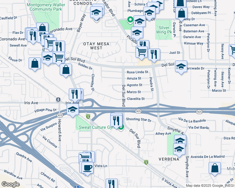 map of restaurants, bars, coffee shops, grocery stores, and more near 3577 Clavelita Street in San Diego