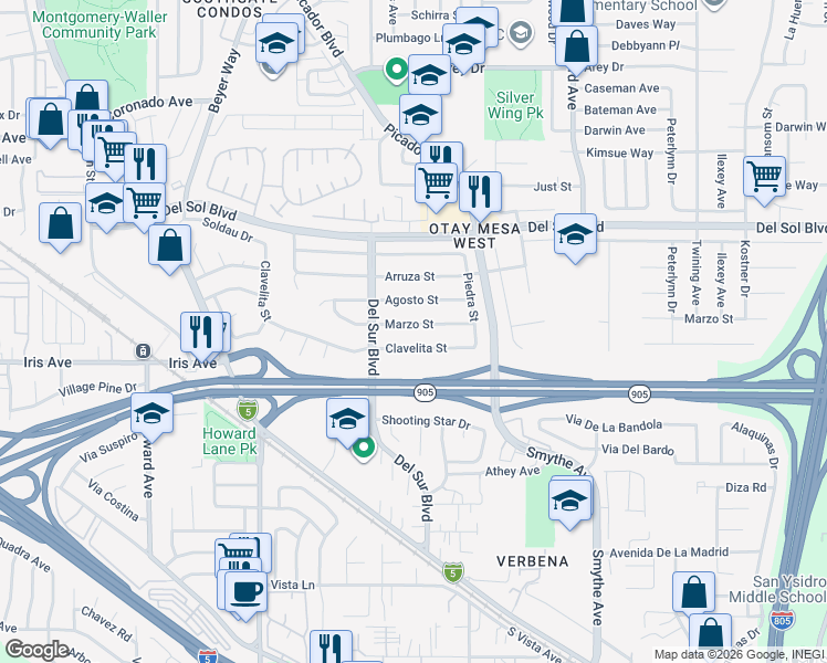 map of restaurants, bars, coffee shops, grocery stores, and more near 3685 Marzo Street in San Diego