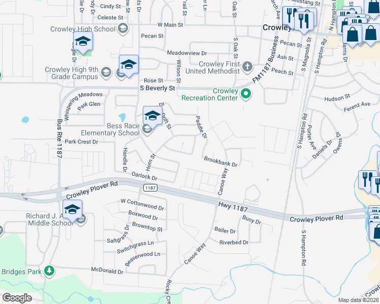 map of restaurants, bars, coffee shops, grocery stores, and more near 524 Creekbend Street in Crowley
