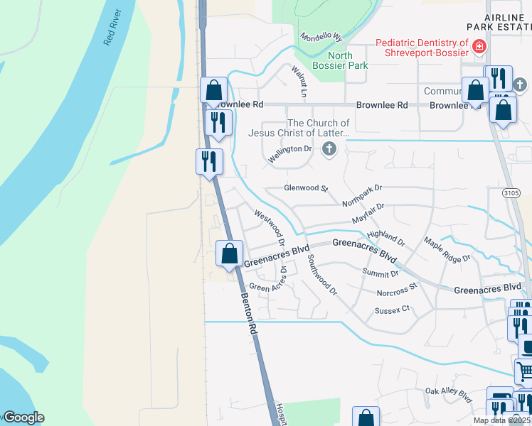 map of restaurants, bars, coffee shops, grocery stores, and more near 420 Westwood Drive in Bossier City