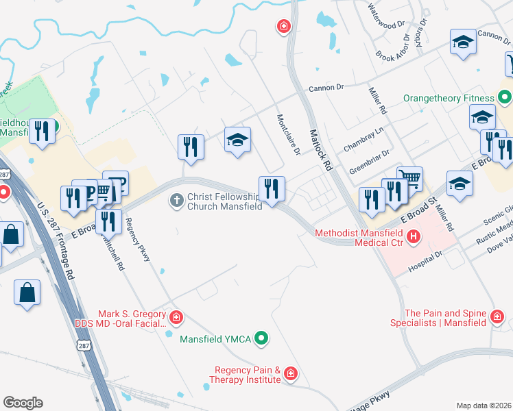 map of restaurants, bars, coffee shops, grocery stores, and more near 1830 East Broad Street in Mansfield