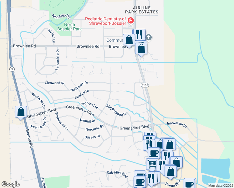 map of restaurants, bars, coffee shops, grocery stores, and more near 458 Mayfair Court in Bossier City