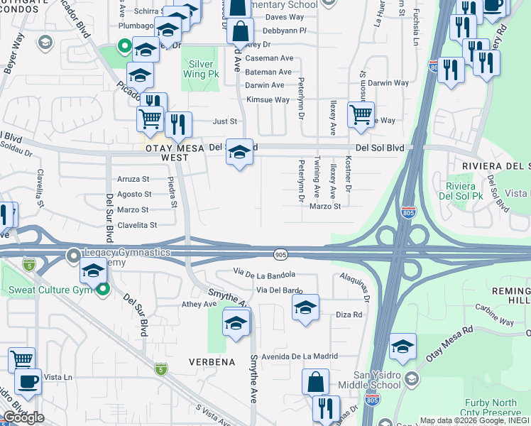 map of restaurants, bars, coffee shops, grocery stores, and more near 4015 Alcorn Street in San Diego
