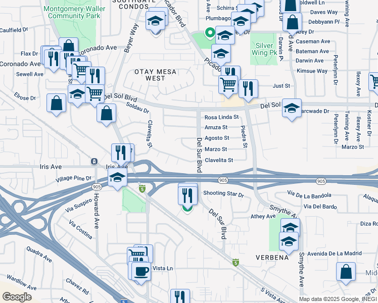map of restaurants, bars, coffee shops, grocery stores, and more near 3577 Clavelita Street in San Diego