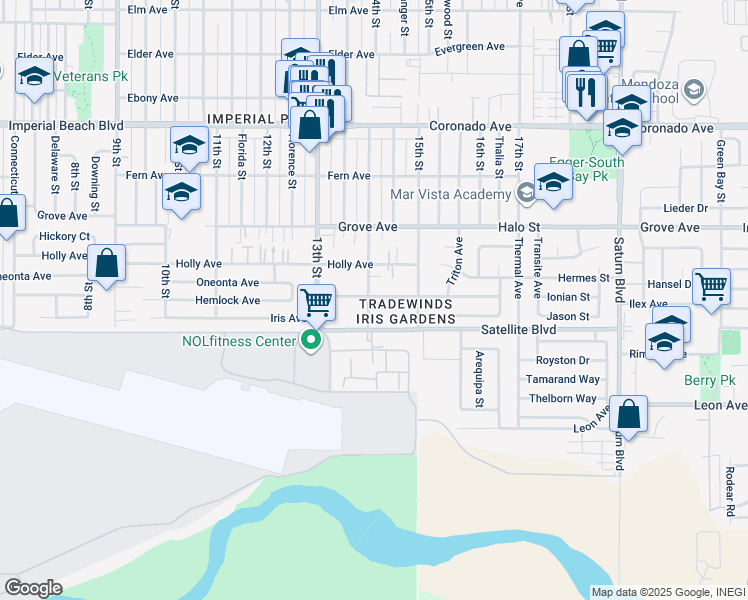 map of restaurants, bars, coffee shops, grocery stores, and more near 1479 14th Street in Imperial Beach