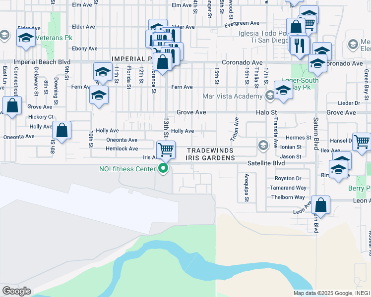 map of restaurants, bars, coffee shops, grocery stores, and more near 1479 14th Street in Imperial Beach