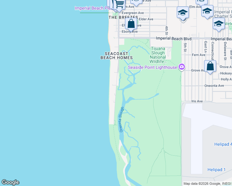 map of restaurants, bars, coffee shops, grocery stores, and more near 1482 Seacoast Drive in Imperial Beach