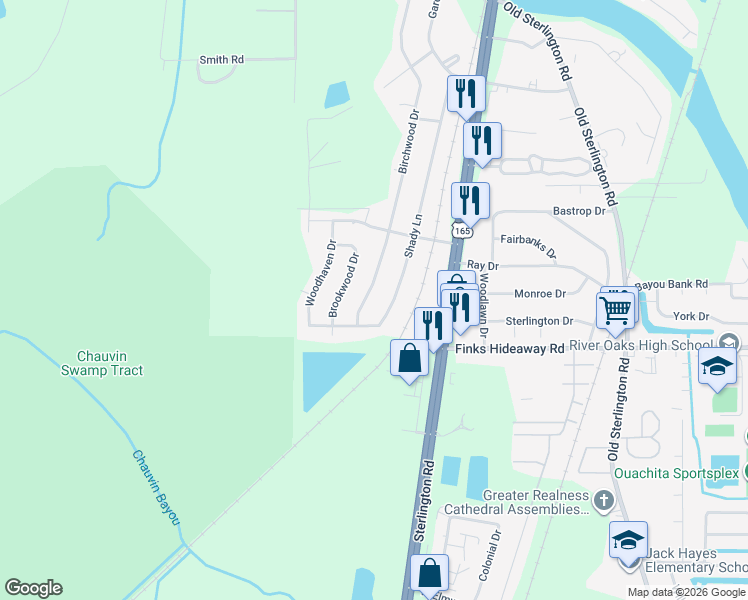 map of restaurants, bars, coffee shops, grocery stores, and more near 506 Shady Lane in Monroe