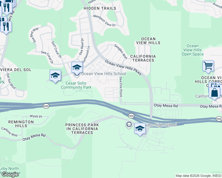 map of restaurants, bars, coffee shops, grocery stores, and more near 5240 Beachfront Cove in San Diego