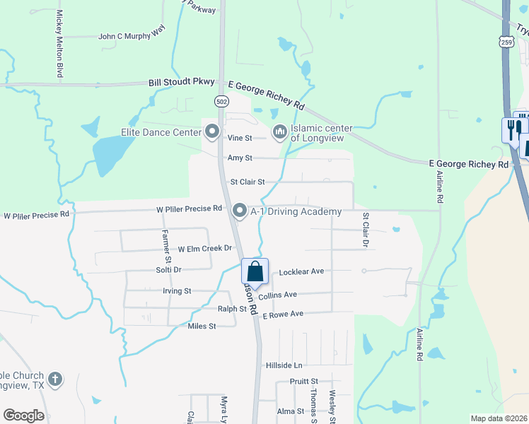 map of restaurants, bars, coffee shops, grocery stores, and more near 111 East Pliler Precise Road in Longview