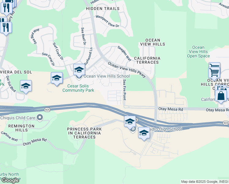 map of restaurants, bars, coffee shops, grocery stores, and more near 5240 Beachfront Cove in San Diego