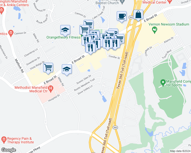map of restaurants, bars, coffee shops, grocery stores, and more near 3301 Rustic Meadow Trail in Mansfield