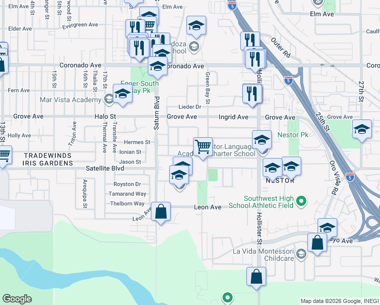 map of restaurants, bars, coffee shops, grocery stores, and more near 2056 Hansel Drive in San Diego