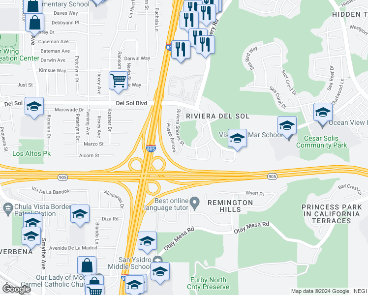 map of restaurants, bars, coffee shops, grocery stores, and more near 4484 Riviera Shores Street in San Diego
