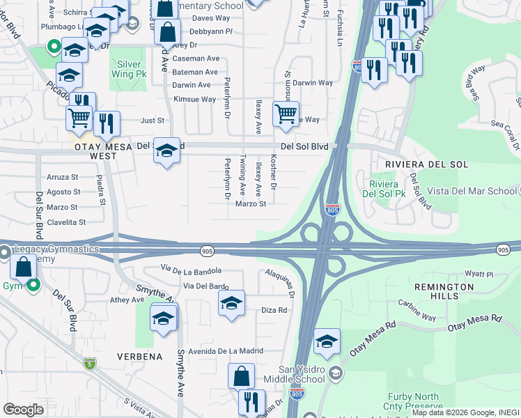 map of restaurants, bars, coffee shops, grocery stores, and more near 1465 Twining Avenue in San Diego