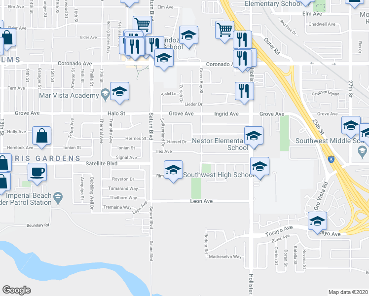 map of restaurants, bars, coffee shops, grocery stores, and more near 2056 Hansel Drive in San Diego
