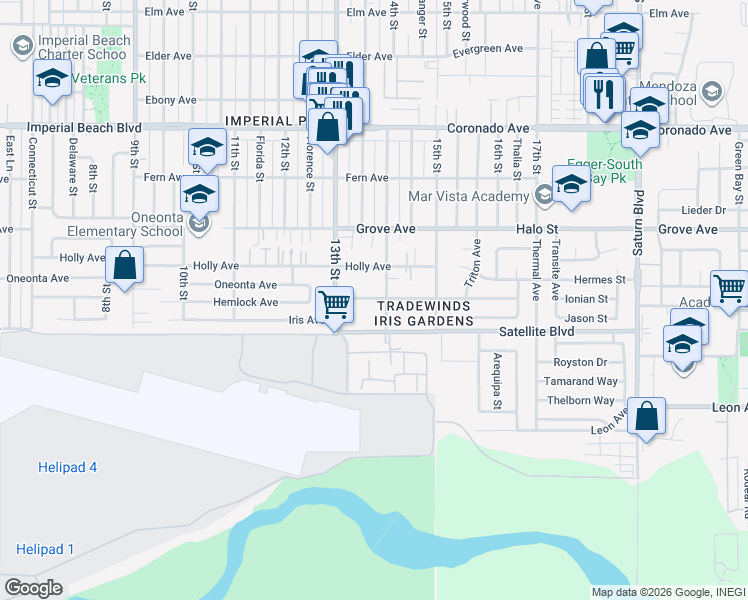 map of restaurants, bars, coffee shops, grocery stores, and more near 1431 14th Street in Imperial Beach