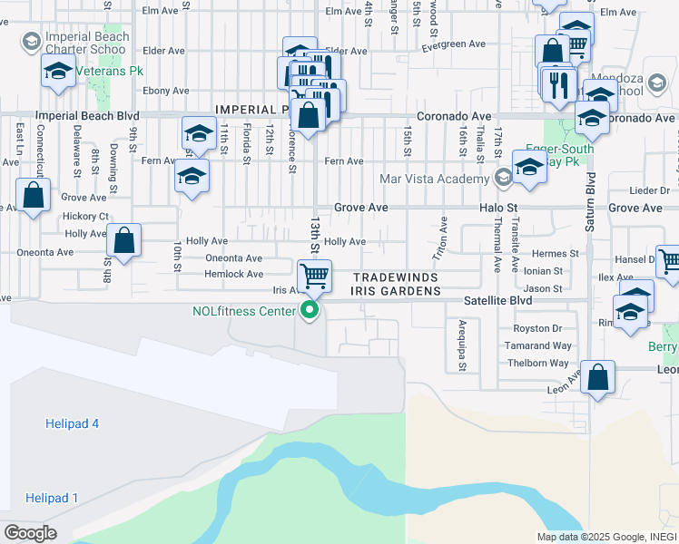 map of restaurants, bars, coffee shops, grocery stores, and more near 1331 Hemlock Avenue in Imperial Beach