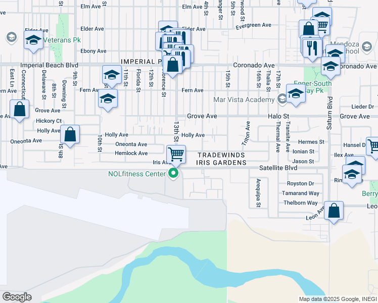 map of restaurants, bars, coffee shops, grocery stores, and more near 1329 Hemlock Avenue in Imperial Beach