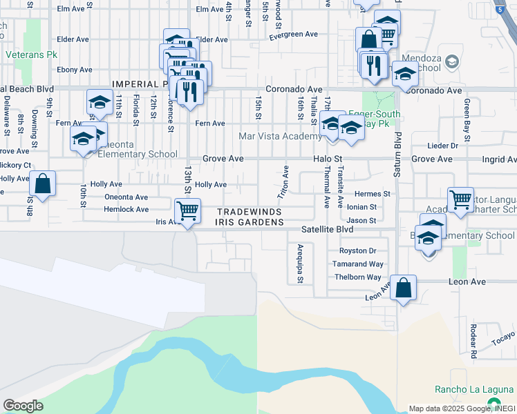 map of restaurants, bars, coffee shops, grocery stores, and more near 15th St & Hemlock Ave in Imperial Beach
