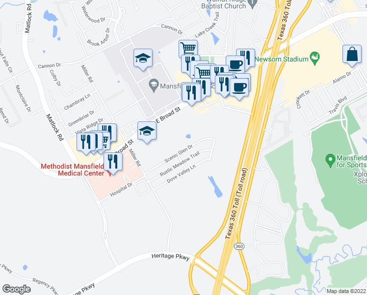 map of restaurants, bars, coffee shops, grocery stores, and more near 3207 Scenic Glen Drive in Mansfield