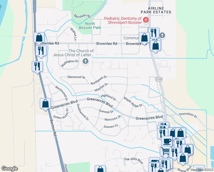 map of restaurants, bars, coffee shops, grocery stores, and more near 432 Mayfair Drive in Bossier City