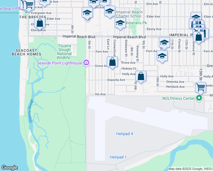 map of restaurants, bars, coffee shops, grocery stores, and more near 1390 East Lane in Imperial Beach