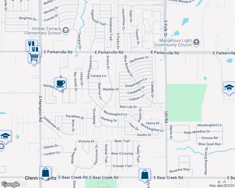 map of restaurants, bars, coffee shops, grocery stores, and more near 1209 Beeblossom Drive in DeSoto
