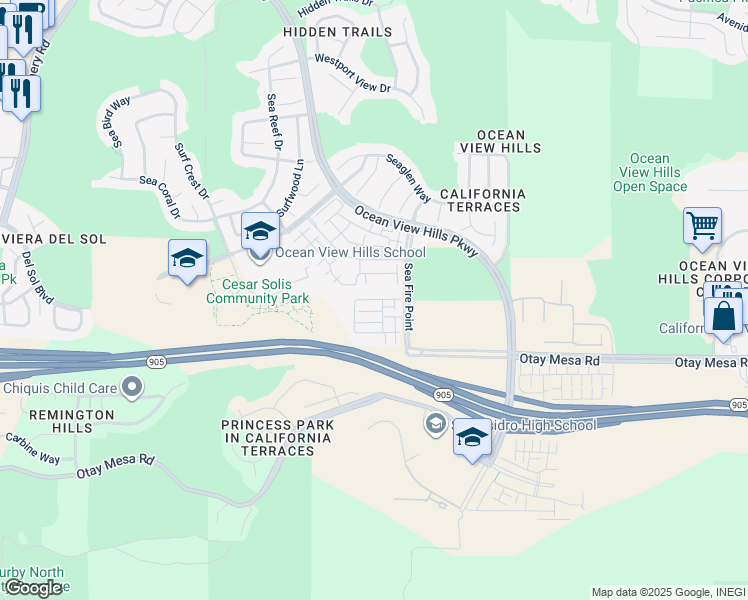 map of restaurants, bars, coffee shops, grocery stores, and more near 5341 Calle Rockfish in San Diego
