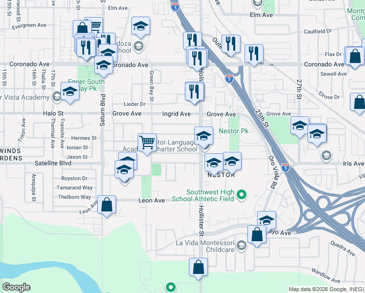 map of restaurants, bars, coffee shops, grocery stores, and more near 2231 Judith Avenue in San Diego