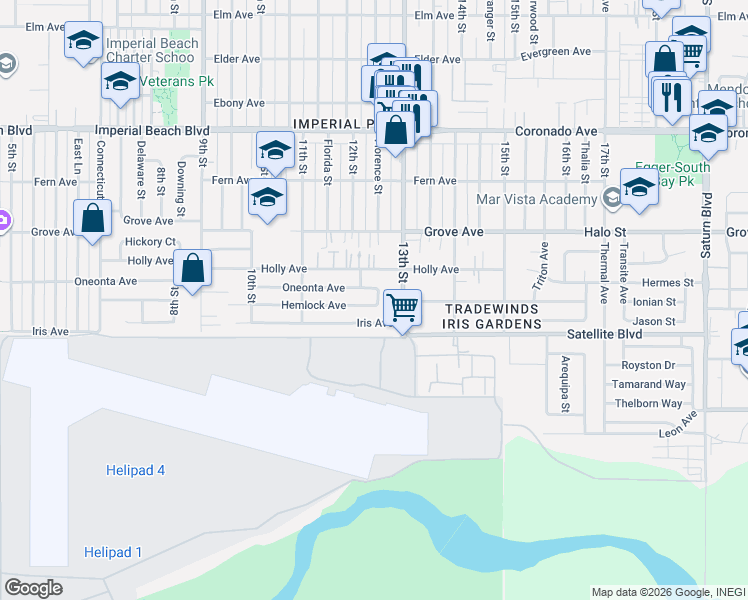 map of restaurants, bars, coffee shops, grocery stores, and more near 1415 Adelfa Court in Imperial Beach