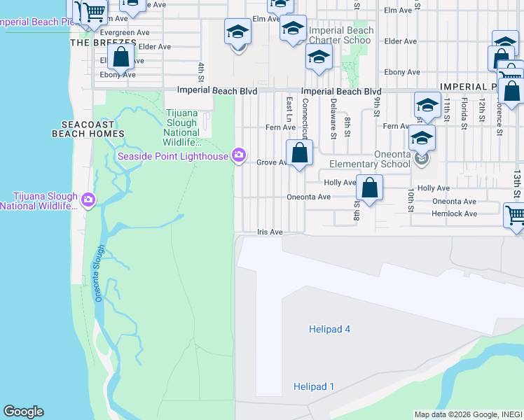 map of restaurants, bars, coffee shops, grocery stores, and more near 1401 California Street in Imperial Beach