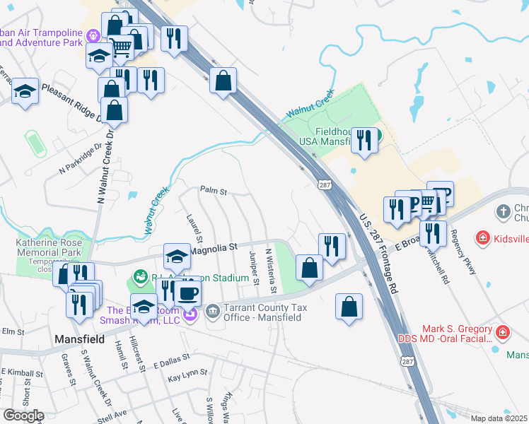 map of restaurants, bars, coffee shops, grocery stores, and more near 212 North Wisteria Street in Mansfield