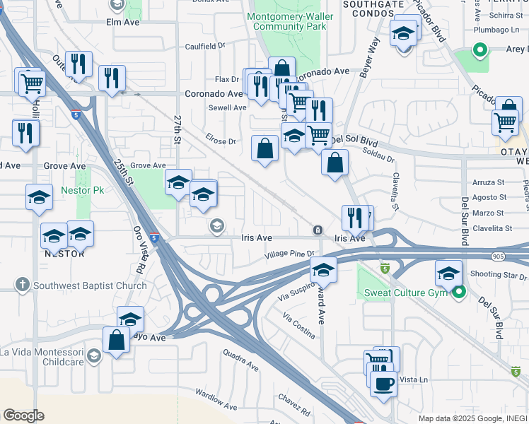 map of restaurants, bars, coffee shops, grocery stores, and more near 2950 Iris Avenue in San Diego