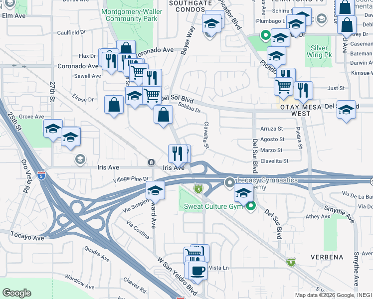 map of restaurants, bars, coffee shops, grocery stores, and more near 3253 Biscay Drive in San Diego
