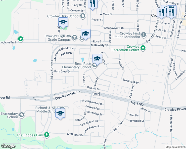 map of restaurants, bars, coffee shops, grocery stores, and more near 608 South Heights Drive in Crowley