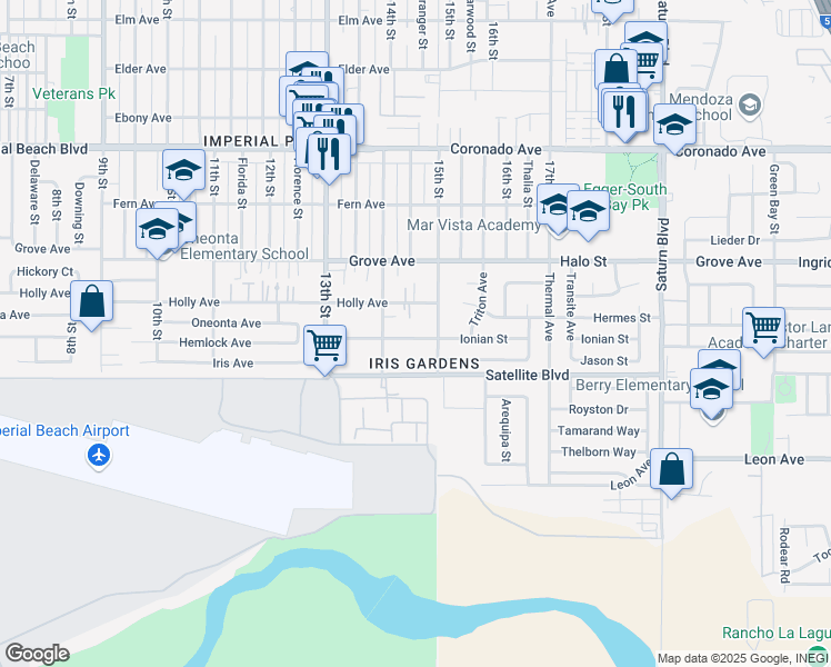 map of restaurants, bars, coffee shops, grocery stores, and more near 1473 Holly Avenue in Imperial Beach