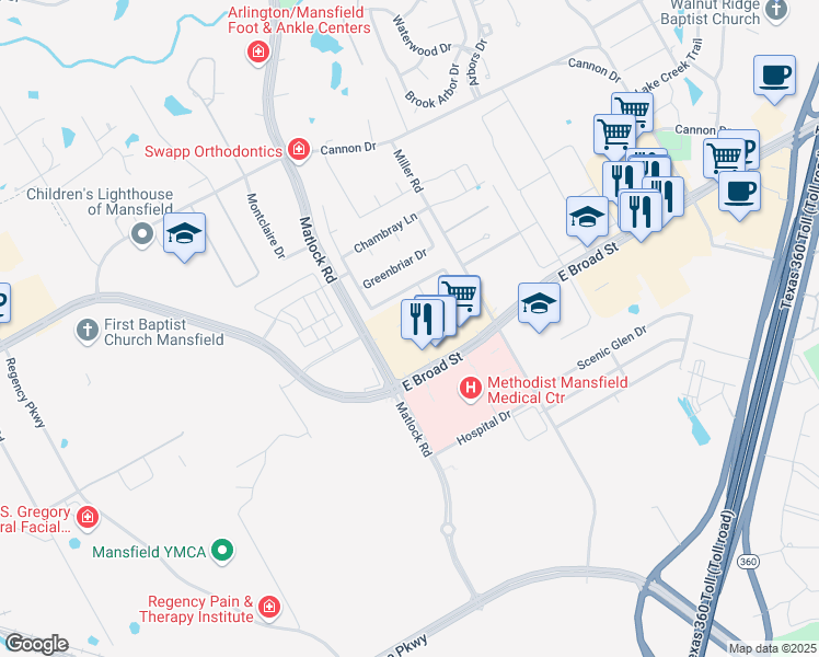 map of restaurants, bars, coffee shops, grocery stores, and more near 604 Coble Ridge Court in Mansfield